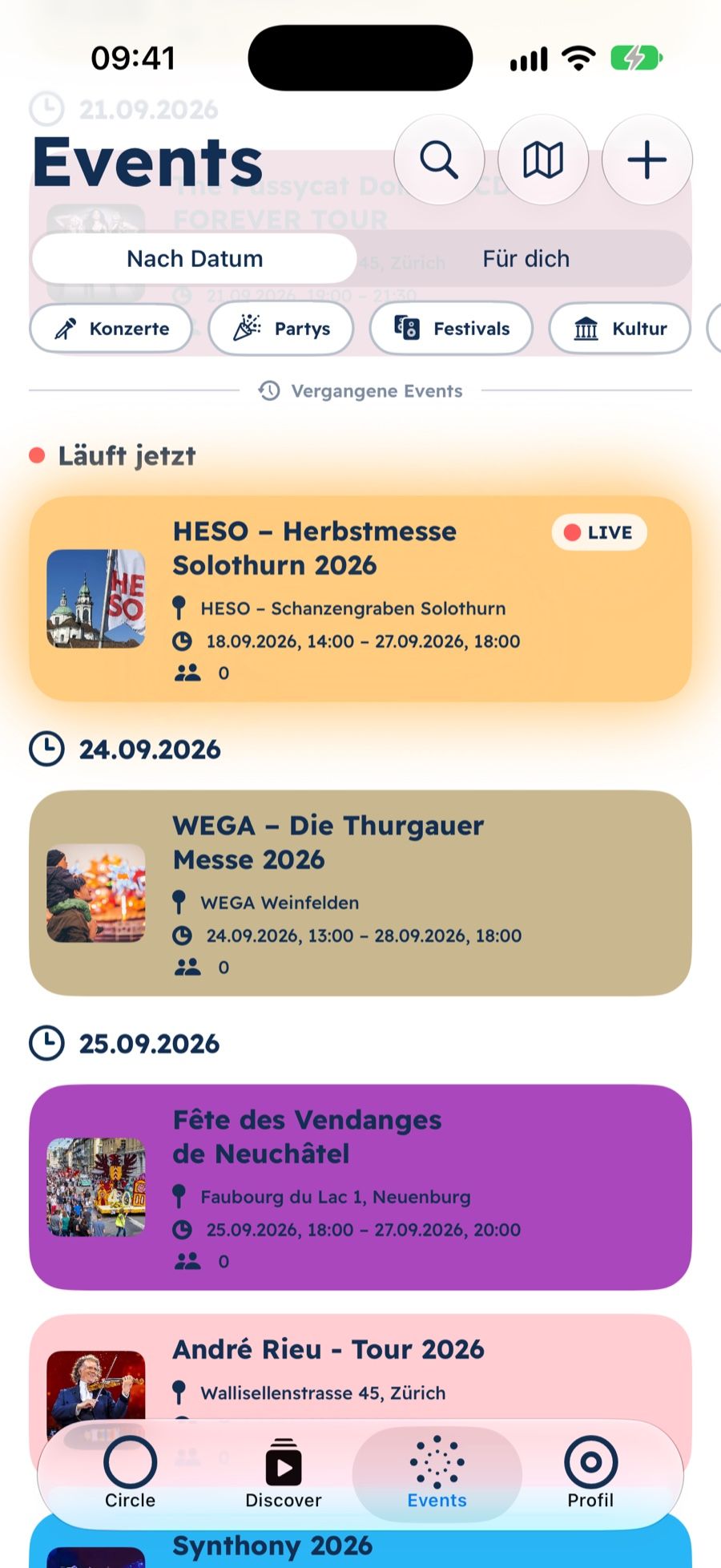 opia: Events in der Nähe mit Filtern und einem Event, das gerade live ist