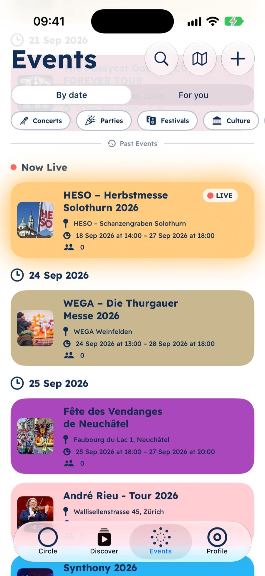 opia: nearby events with filters and one event that is live now