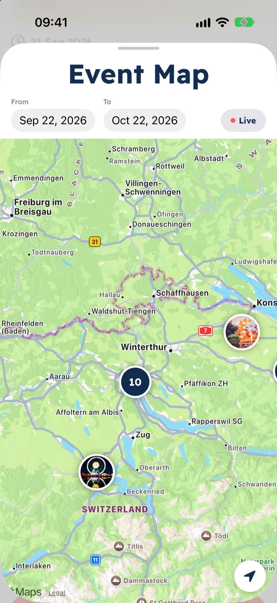 opia: map of Switzerland with events