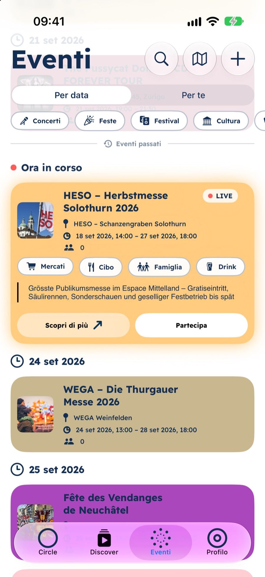 opia: evento aperto con i dettagli e il pulsante «Partecipa»
